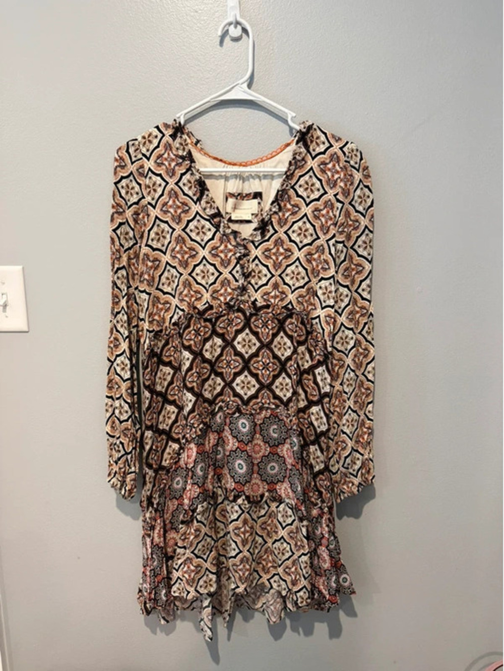 Anthropologie Small Boho Mixed Print Tiered Long Sleeve Mini Dress